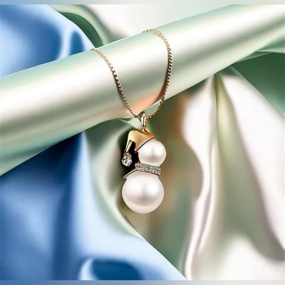 18K Gold & Pearl Snowman With Diamond Accent Pendantt Sweater Necklace - Picture 4 of 11